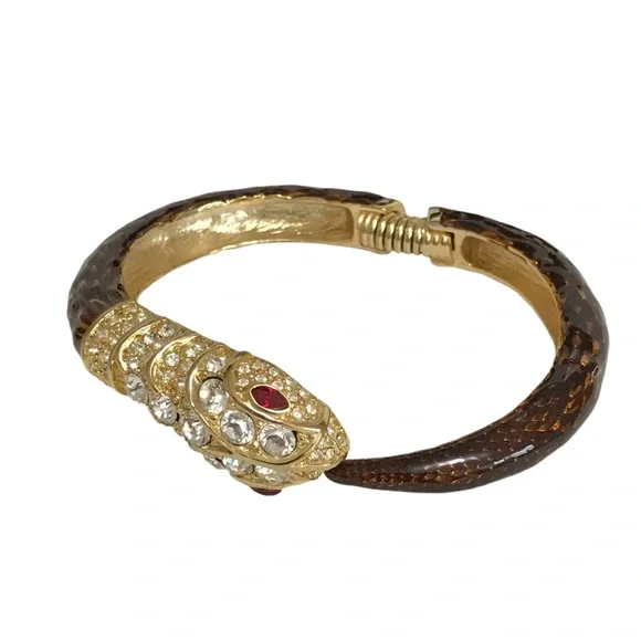 Kenneth Lane KJL Snake Hinged Bracelet Clear Crystal Paved Red Eyes Enamel Body - Picture 4 of 8